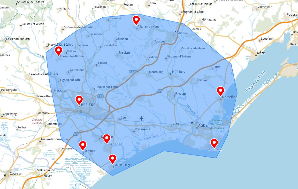 zones d’intervention d’une conciergerie au Cap d'Agde et alentours
