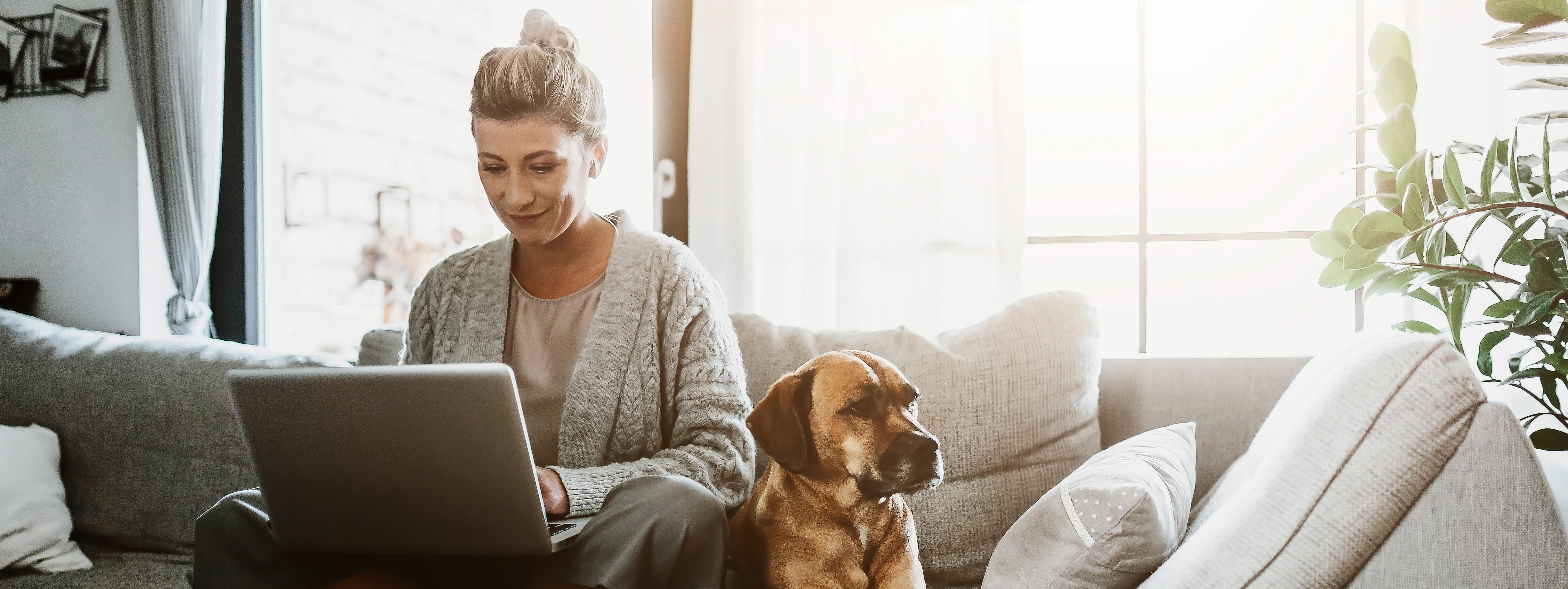 Boligeier på sofaen med laptop og hund, som administrerer eiendommen sin hjemmefra.