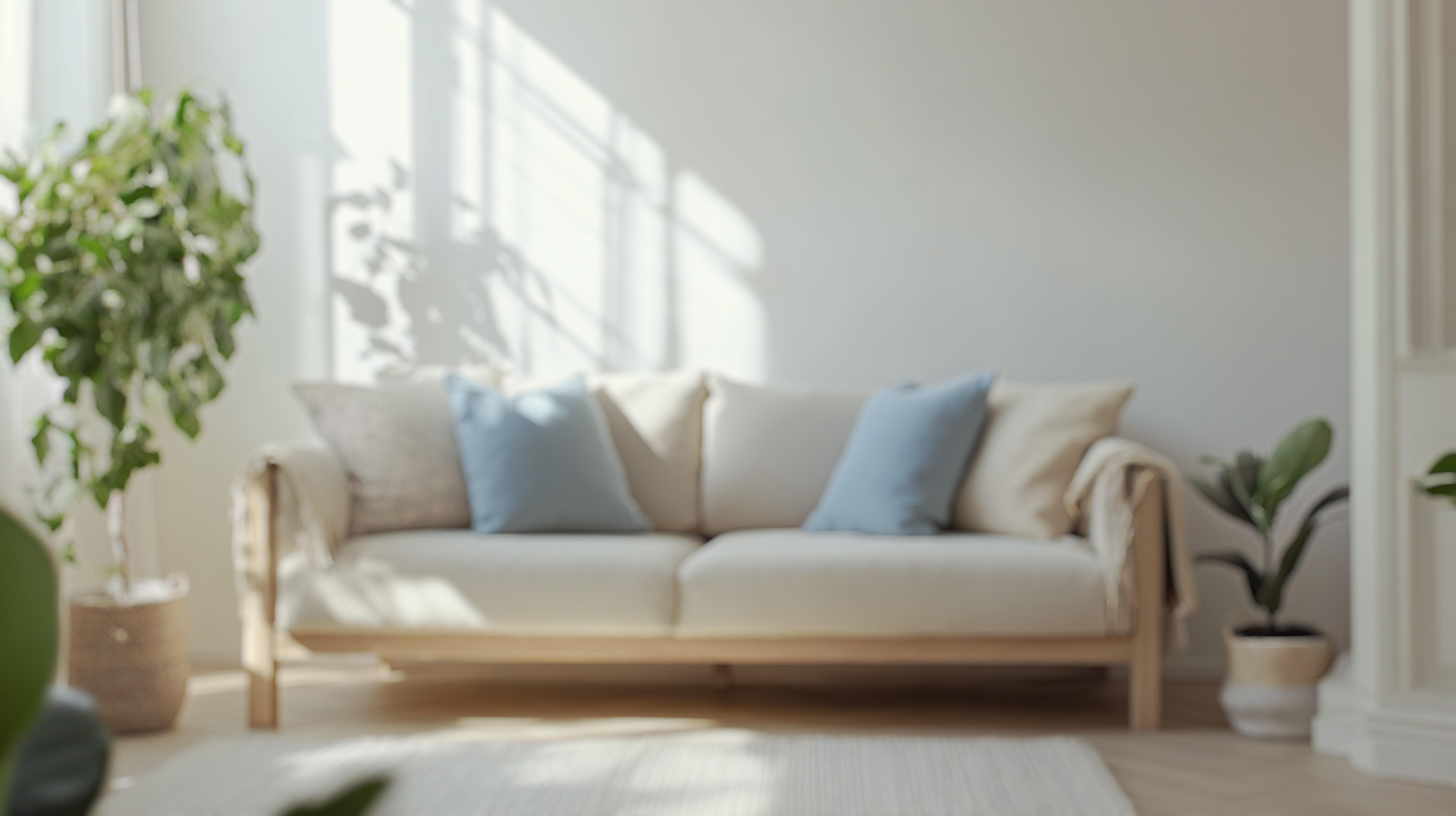 Sonnendurchflutetes Wohnzimmer mit bequemem Sofa und Zimmerpflanzen.