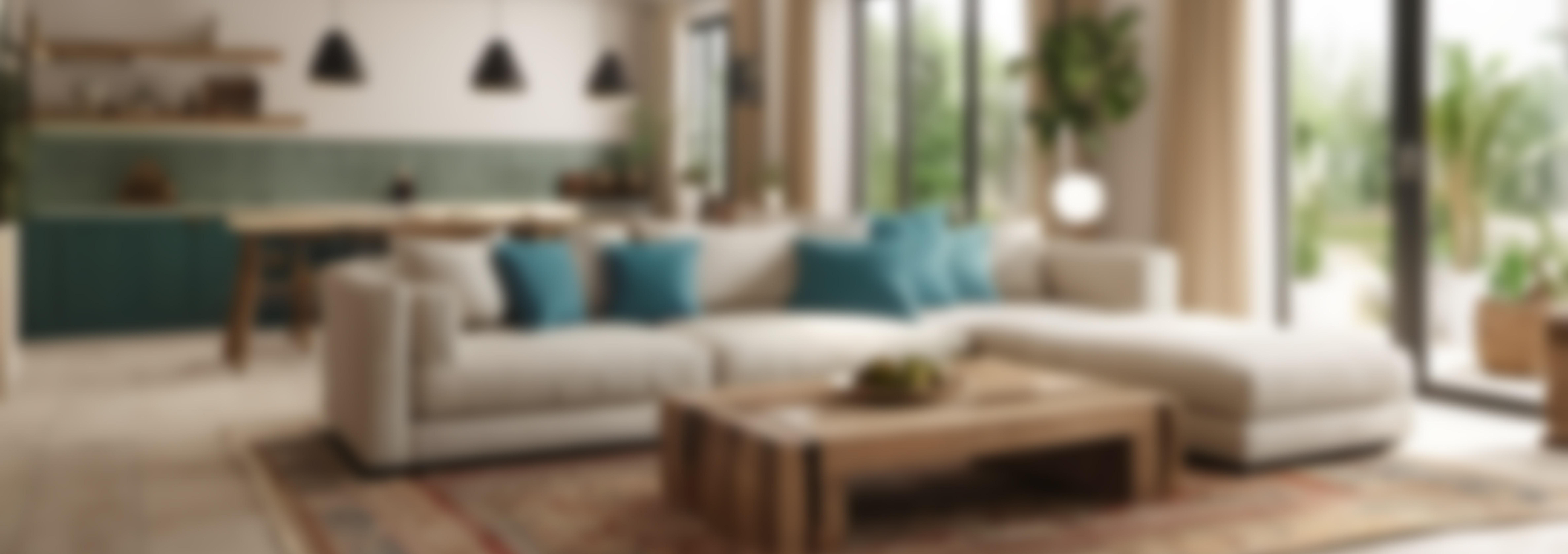 Modern open-plan living room (blurred), symbolizing a comfortable holiday home for partners.